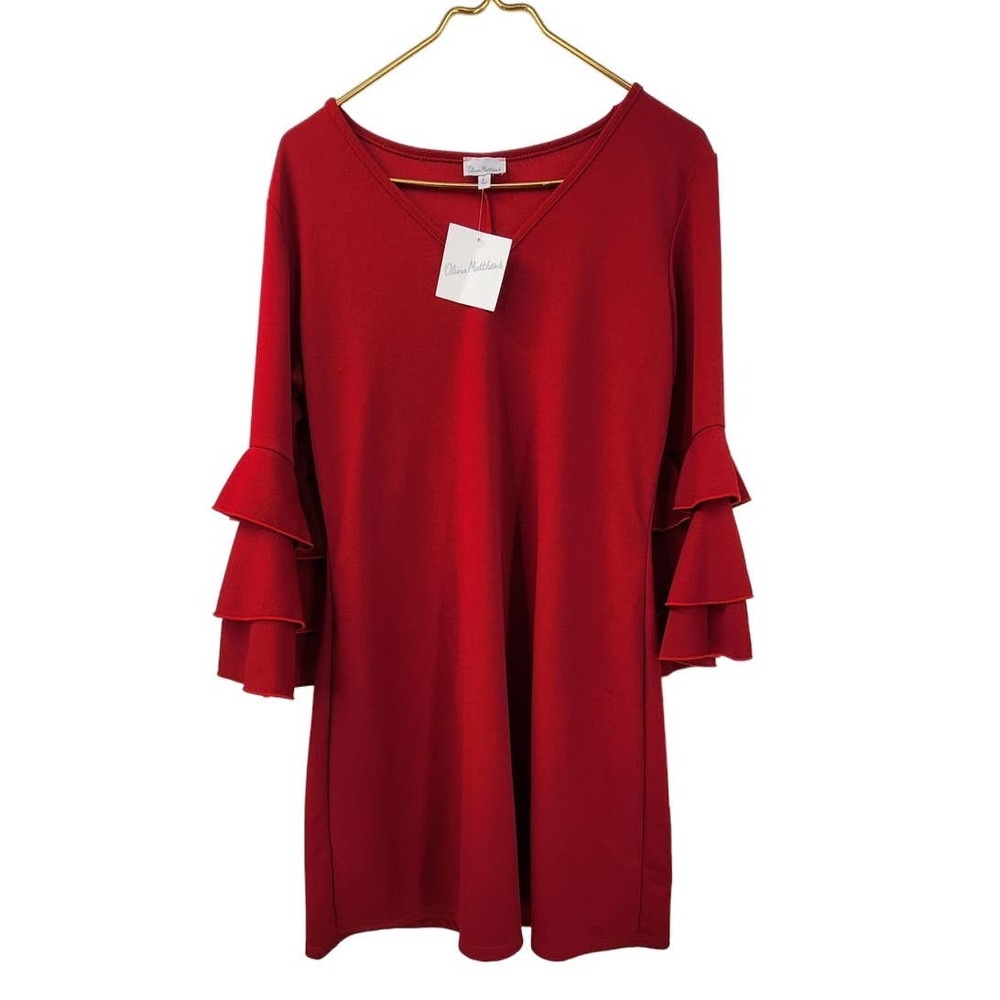 New NWT Olivia Matthews Style 946m Red Ruffle Sleeve Shift Dress Large